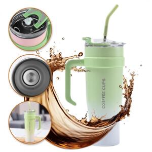 Zelený veľký termohrnček s uškom a slamkou 1,2 l