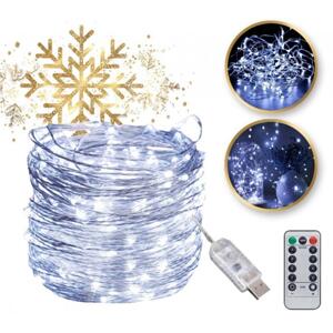 Vianočné biele LED svetielka na drôtiku na USB - 20 m